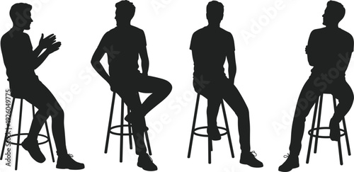 Four Male Silhouettes Sitting on Bar Stools in Various Poses vector illustration