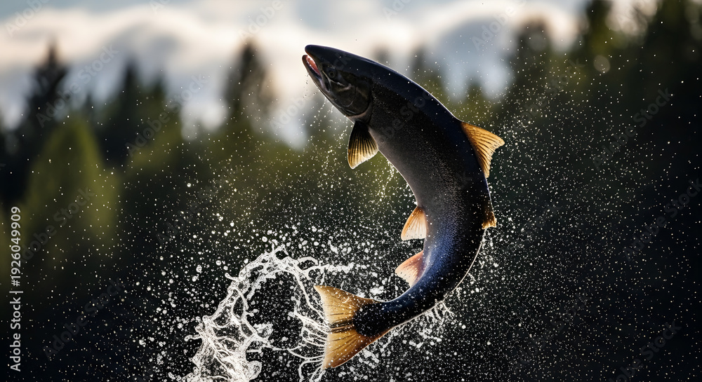 Fototapeta premium Action shot of a salmon leaping out of the water