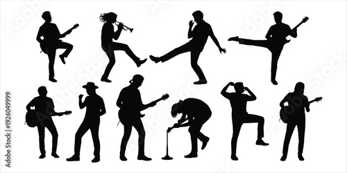Musicians and Rock Band Silhouettes Playing Instruments on White Background Keywords: musician, band, silhouette, guitar