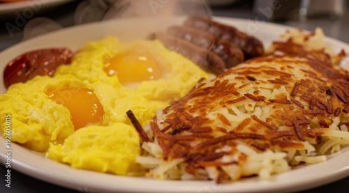 A hearty breakfast platter with scrambled eggs, crispy hash browns, and sausage links. Style Diner-style, no-frills, delicious