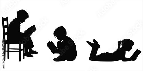 Silhouettes of children reading books in different positions on white background Keywords: children, reading, books, silhouette