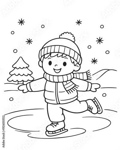A cute vector artwork showing a boy happily skating on ice, expressing excitement, energy, and the carefree spirit of wintertime play.