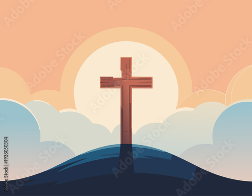 Design a tasteful Christian Easter vector illustration featuring a wooden cross on a small hill at sunrise. Soft glowing light behind the cross, gentle sky gradient from peach to light blue.