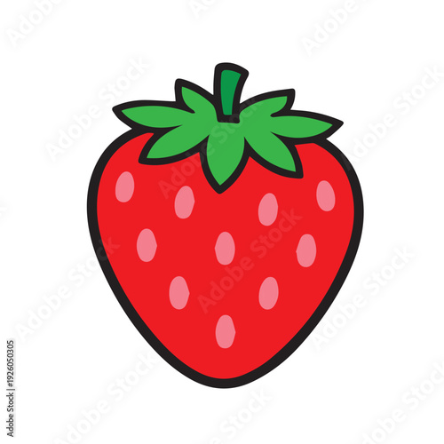 A simple vector illustration of a red strawberry, designed with clean lines and smooth shapes, expressing freshness, sweetness, and a bright fruity appeal.