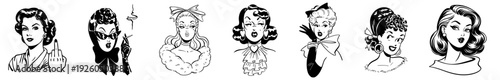 Vintage Pin-Up Women Portraits Line Art Set – Retro American Beauty Female Faces 50s 60s 70s Glamour, Classic Hollywood Salon