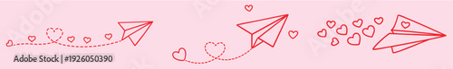 Valentine’s Day Paper Airplanes with Hearts and Flight Trails, Romantic Love Message, February 14