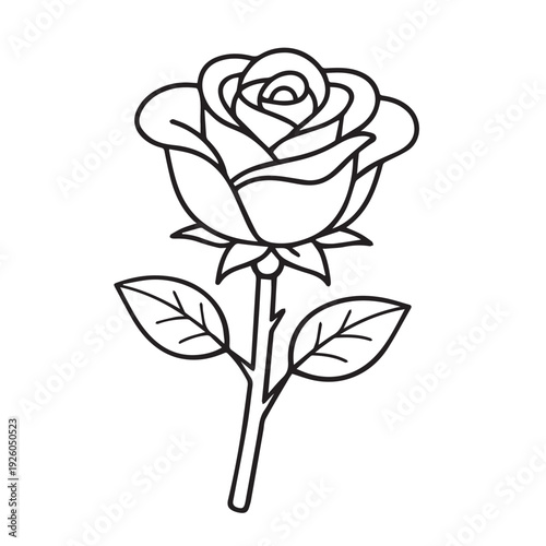 A simple vector illustration of a single rose, drawn in black and white with clean outlines, perfect for relaxing and creative coloring fun.