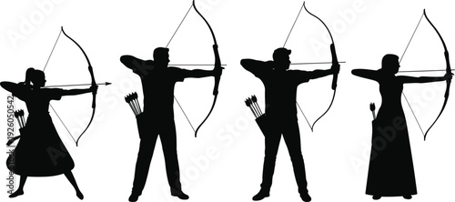 Black silhouettes of male and female archers aiming with bows and arrows isolated on white background for sports and competition.
