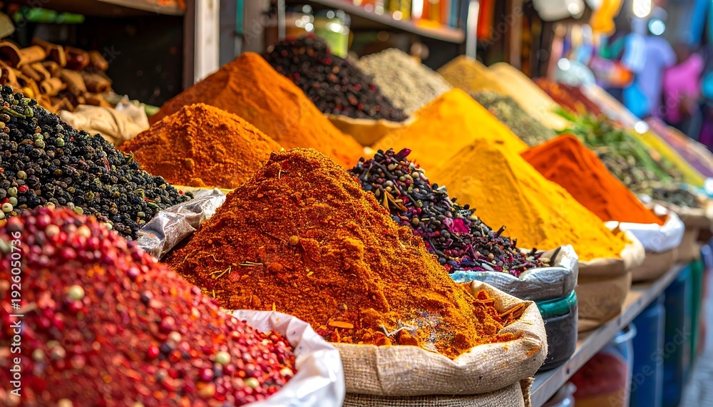 © surya - Vibrant Spices Displayed in Sacks at a Bustling Market.