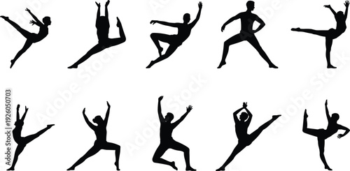Ten Black Silhouettes of Dancers in Various Poses on White Background ballet modern dance