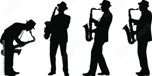 Black silhouettes of professional male saxophone players wearing hats and performing in various musical poses isolated on white background.