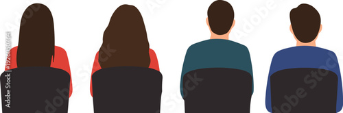 Black silhouettes of a diverse group of men and women standing in a row wearing casual clothing isolated on a white background