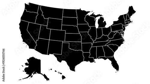 United States Map Silhouette - Black and White USA with State Borders, including Alaska and Hawaii. North America Geography & States Outline