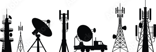 Black silhouettes of telecommunication towers satellite dishes and radio antennas for network connectivity mobile signals and wireless technology infrastructure designs.