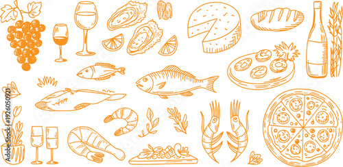 Seafood and Italian Food Hand Drawn Illustration Set with Fish, Shrimp, Oysters, Pizza, Wine and Cheese in Blue Outline Style