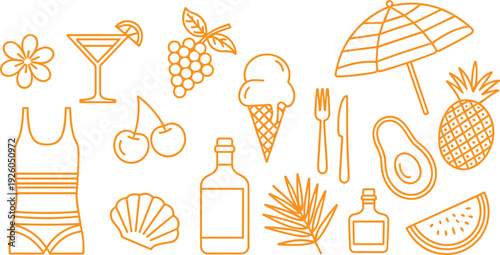 Summer Vacation Line Art Icon Set with Swimsuit, Cocktail, Pineapple, Ice Cream and Tropical Beach Elements Vector Illustration