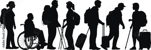 Black silhouettes of travelers with suitcases backpacks walking sticks and a wheelchair for tourism travel group adventure and accessibility concepts.