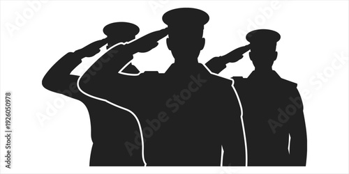 Three Military Soldiers Silhouettes Saluting in Uniform on White Background army salute