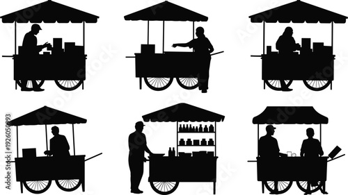 Black silhouettes of street food vendors with carts selling snacks and drinks for urban market small business and local commerce.