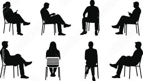 Black silhouettes of diverse people sitting on chairs in various poses, side and front view profiles for architectural rendering, isolated on white background