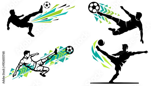 Dynamic soccer players executing powerful kicks with energy trails