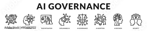 AI governance banner emphasizing ethical standards, transparency, and responsible technology implementation. in Lineal Icon Style