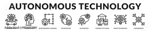 Autonomous technology banner showcasing intelligent decision systems and connected smart infrastructures. in Lineal Icon Style