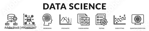 Data science banner illustrating analytical experimentation and advanced computational methodologies. in Lineal Icon Style