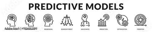 Predictive models banner highlighting refined statistical learning and iterative optimization processes. in Lineal Icon Style