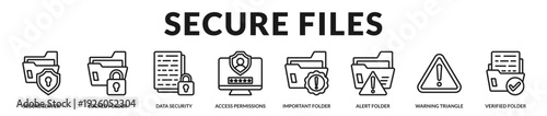 Secure files banner emphasizing encrypted storage, access control, and verified documentation systems. in Lineal Icon Style