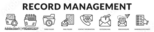 Record management concept showcasing coordinated correspondence tracking and systematic archival processes. in Lineal Icon Style