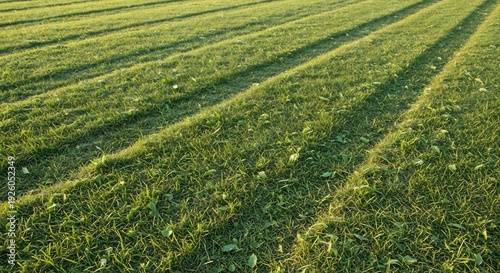 Freshly Mown Green Grass Field with Sunlight and Shadows.