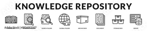 Knowledge repository banner emphasizing organized information systems and accessible digital archives. in Lineal Icon Style