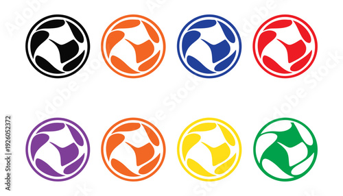 Seven colorful recycling symbols with distinct background colors