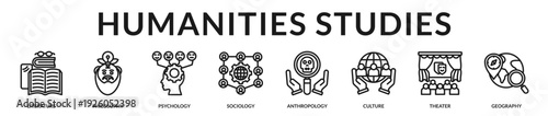 Humanities studies banner presenting cultural scholarship and multidisciplinary social research. in Lineal Icon Style