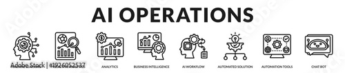 AI operations banner highlighting intelligent analytics and adaptive automated solutions. in Lineal Icon Style