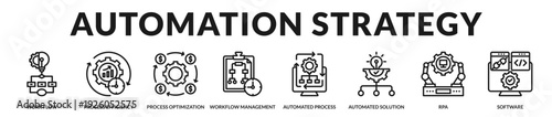 Automation strategy banner highlighting structured transformation initiatives and enterprise process excellence. in Lineal Icon Style
