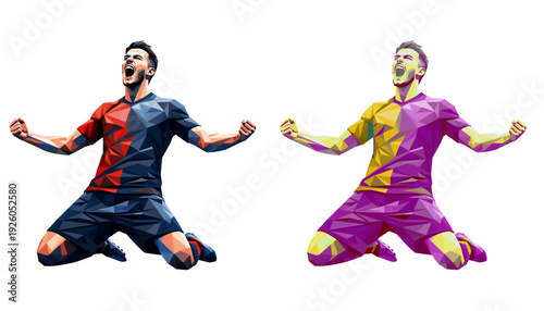 Celebratory soccer goalkeepers in vibrant jerseys after a save or victory