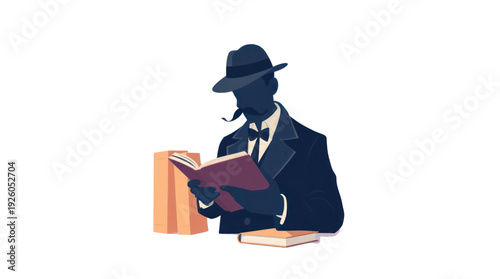 Man in a Fedora Hat and Suit Reading a Book with a Pipe