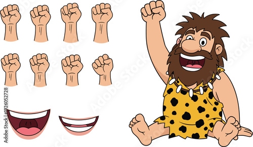 Funny Cartoon Caveman Character Wearing Spotted Pelt with Various Mouth Expressions and Clenched Fists for Prehistoric Themed Graphic Design Projects.