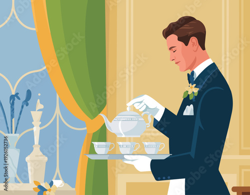 Butler Serving Tea
Flat vector illustration of a butler serving tea on a silver tray. Fine china cups and elegant interior setting visible. Flat vector style, refined and professional atmosphere.