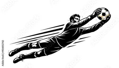 Dynamic goalkeeper diving to save a soccer ball from a powerful kick