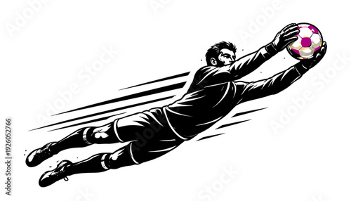 Goalkeeper diving to save a crucial match ball during a soccer game