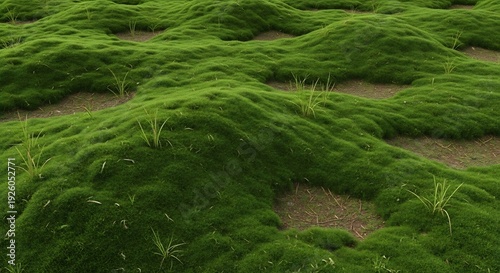 Lush Green Moss Covering Rolling Hills in a Natural Landscape.