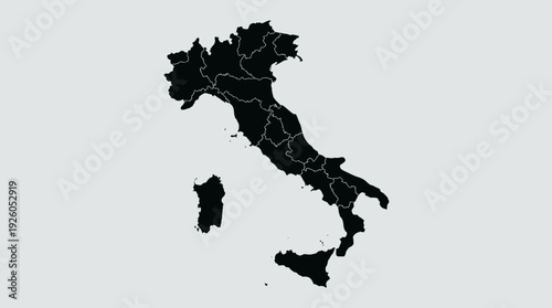 Black Silhouette Map of Italy with Administrative Regions on White Background