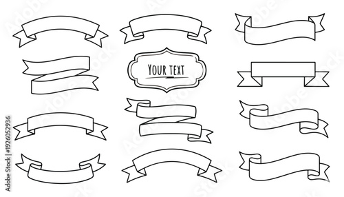 Elegant Collection of Outline Ribbon Banners and Decorative Frames for Customizable Text Design