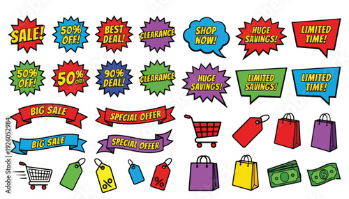 Hand-drawn collection of vibrant sales and discount labels, banners, and shopping icons for promotional marketing
