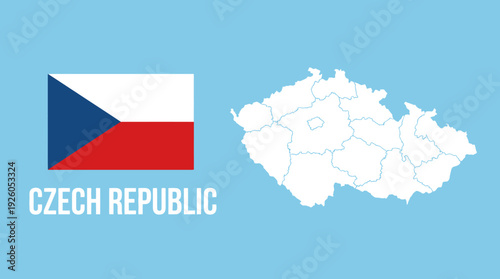 Czech Republic National Flag and Map with Administrative Regions on Blue Background - Flat Vector Illustration