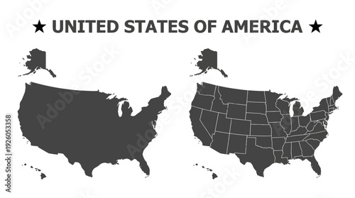 United States Map: Silhouette and State Borders Outlines with Alaska & Hawaii