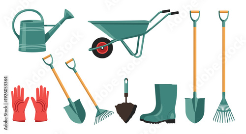 A complete set of essential gardening tools and farmer equipment including a shovel rake wheelbarrow and watering can for planting.